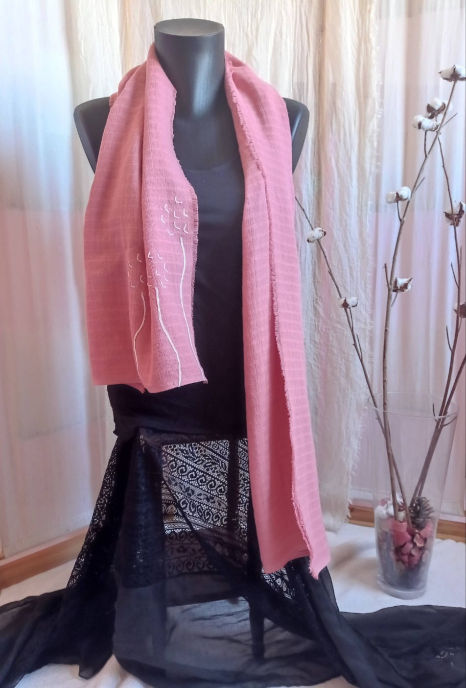 Foulard en Coton Bio rose poudré "Fleurs au vent", Pièce Unique | Made in France