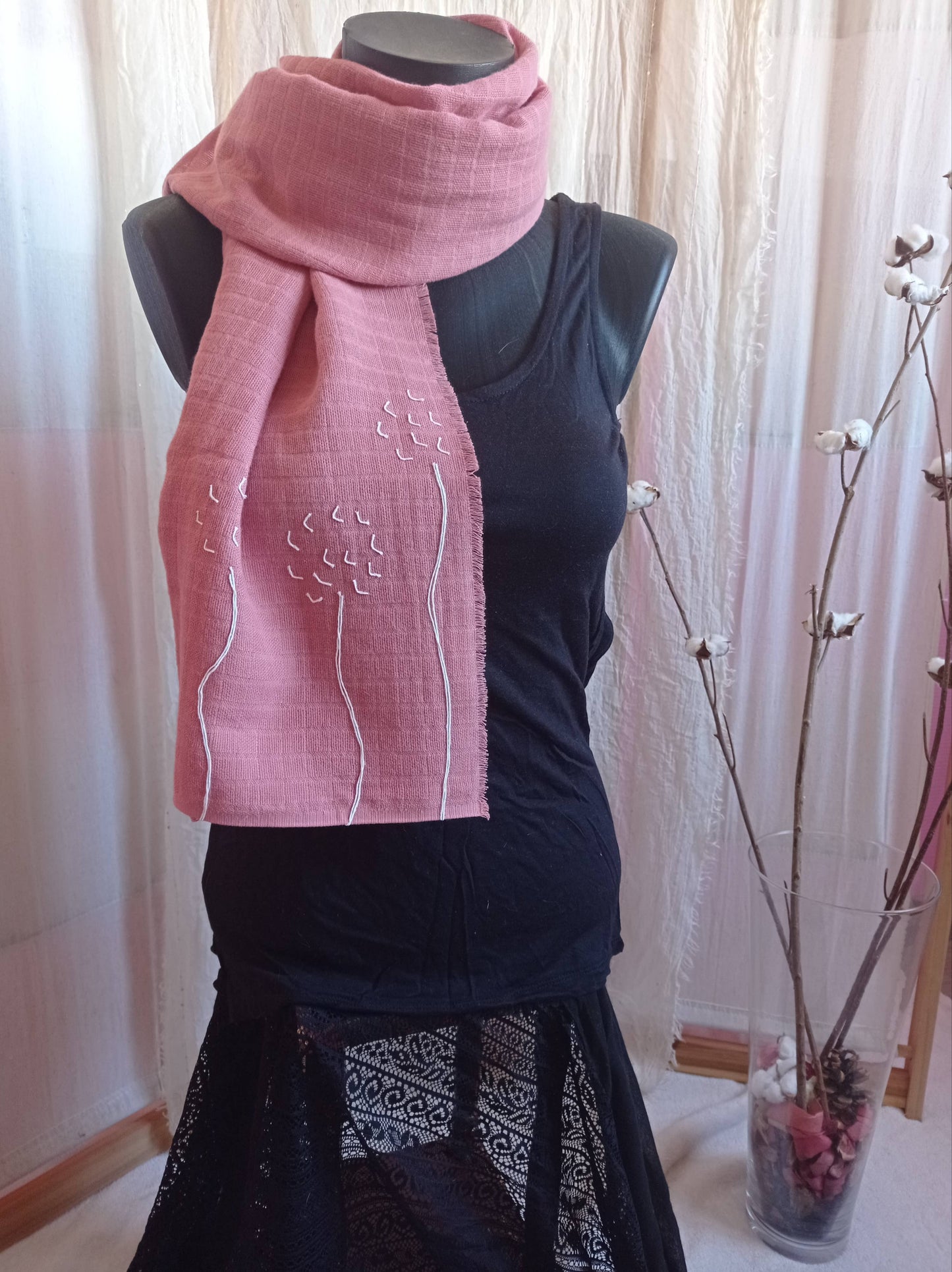 Foulard en Coton Bio rose poudré "Fleurs au vent", Pièce Unique | Made in France