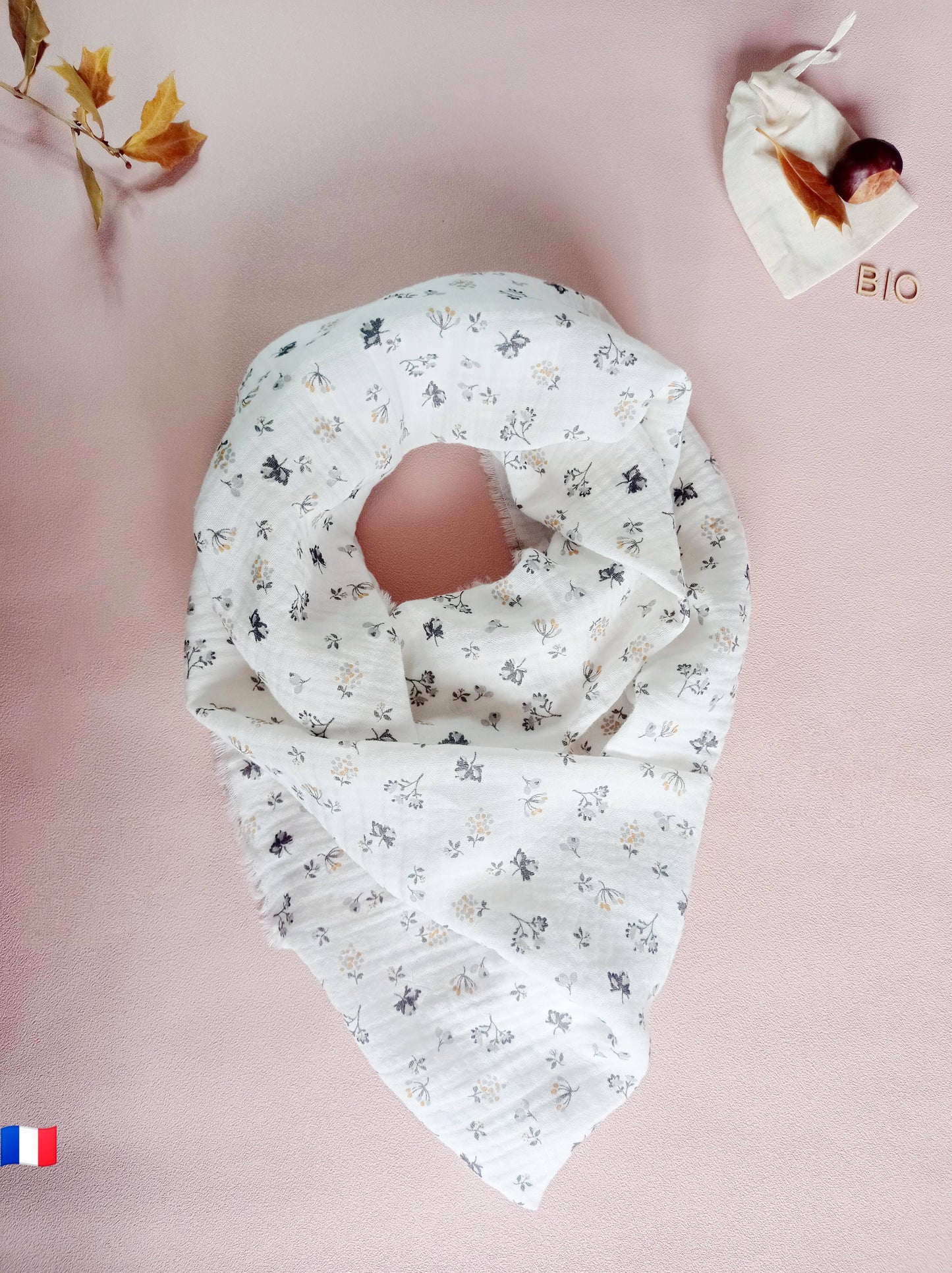 Foulard en Coton BIO, Blanc "Fleurs d'Automne" | Made in France