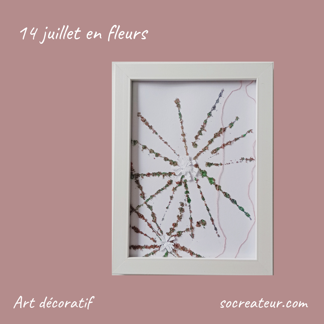 petit cadre deco sur fond rose pastel représentant des feux d'artifices