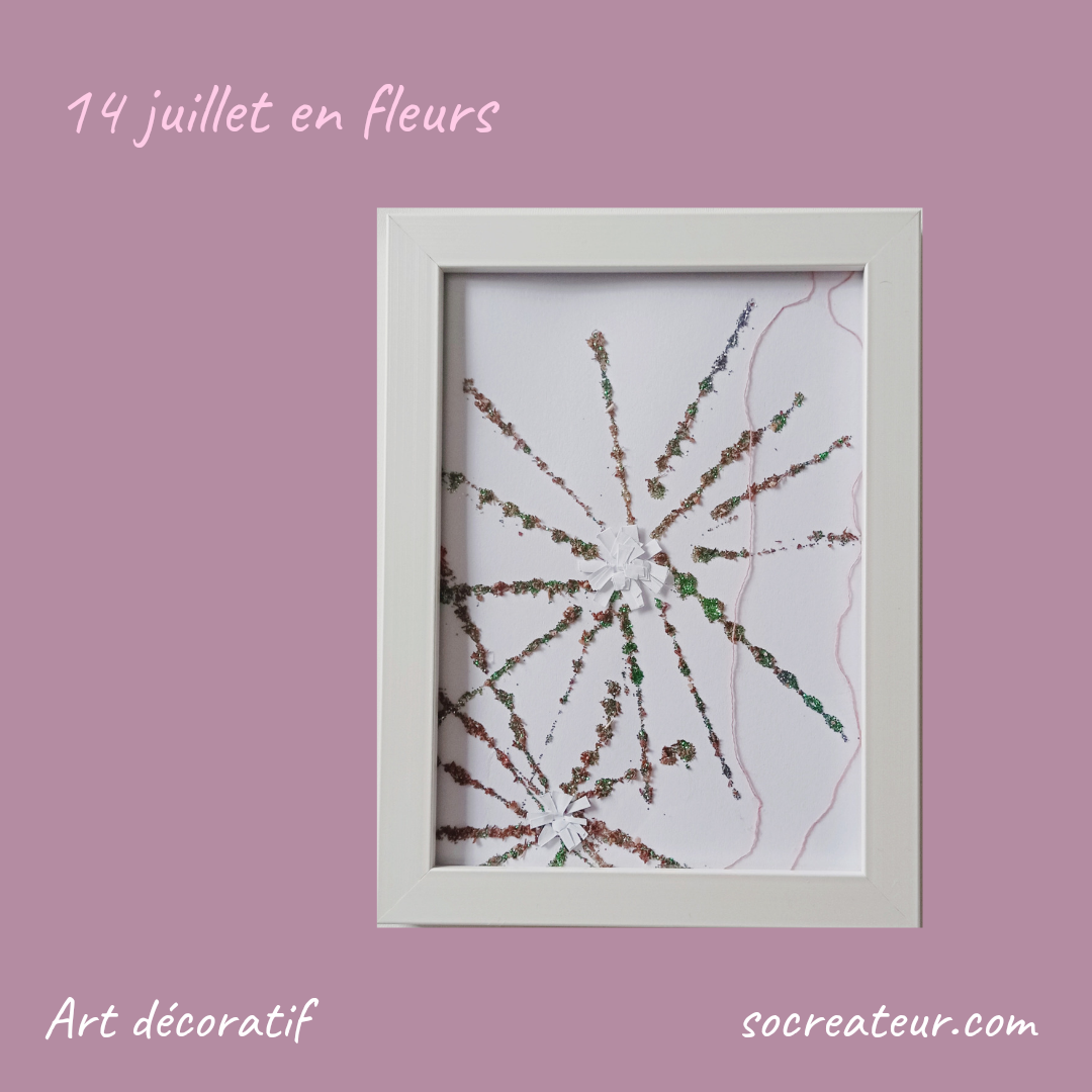 petit cadre deco sur fond rose parme représentant des feux d'artifices