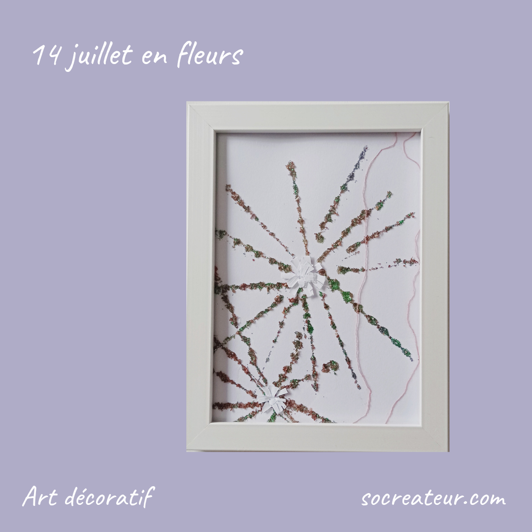 petit cadre deco sur fond bleu pastel représentant des feux d'artifices