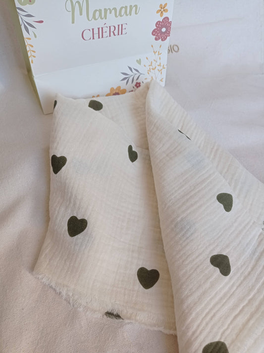 foulard en coton biologique blanc lin imprimés coeur avec sac cadeau Maman chérie