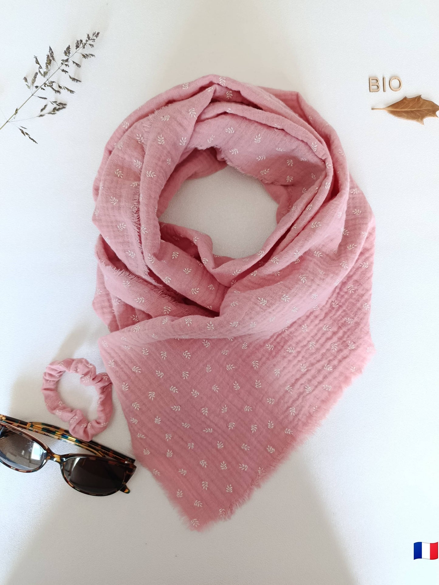 Foulard coton bio rose imprimés Épis de blé blancs 