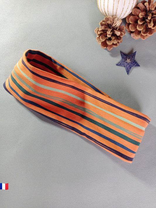 bandeau hiver cache oreilles orange à rayures colorées, fabriqué en France