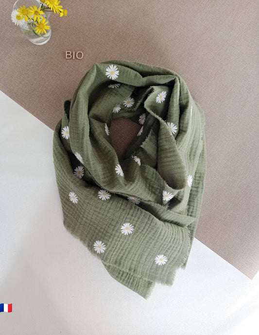 Foulard en coton biologique vert olive pâquerettes 