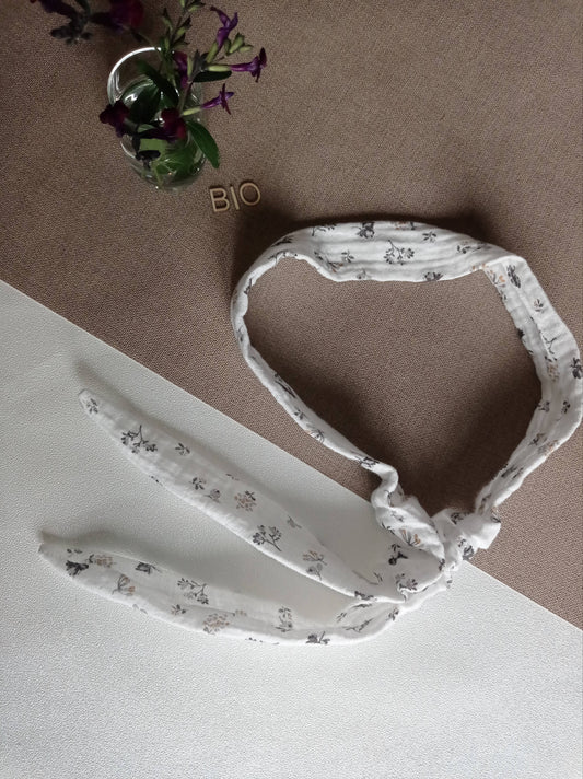 Bandeau fin blanc à fleurs en coton biologique, cheveux ou sautoir | Made in France