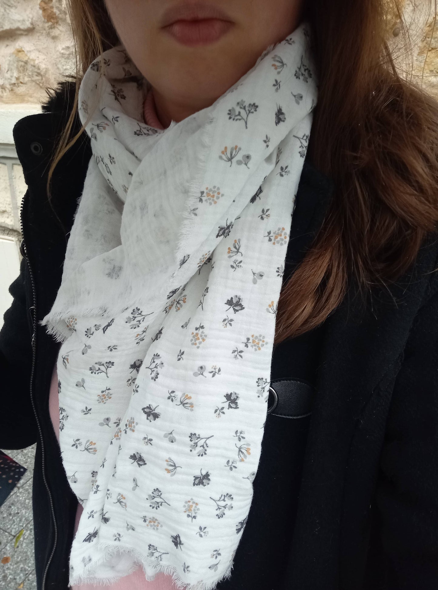 Foulard en Coton BIO, Blanc "Fleurs d'Automne", Existe en Écharpe | Made in France