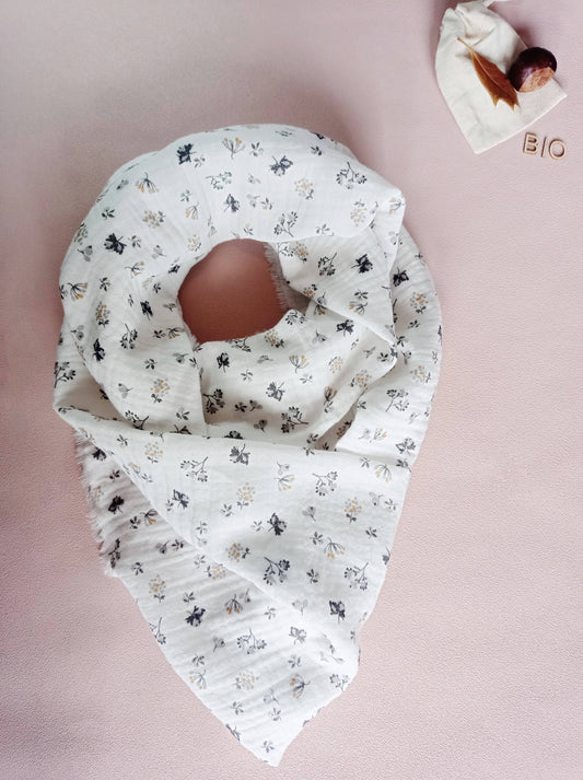 Foulard en Coton BIO, Blanc "Fleurs d'Automne" | Made in France