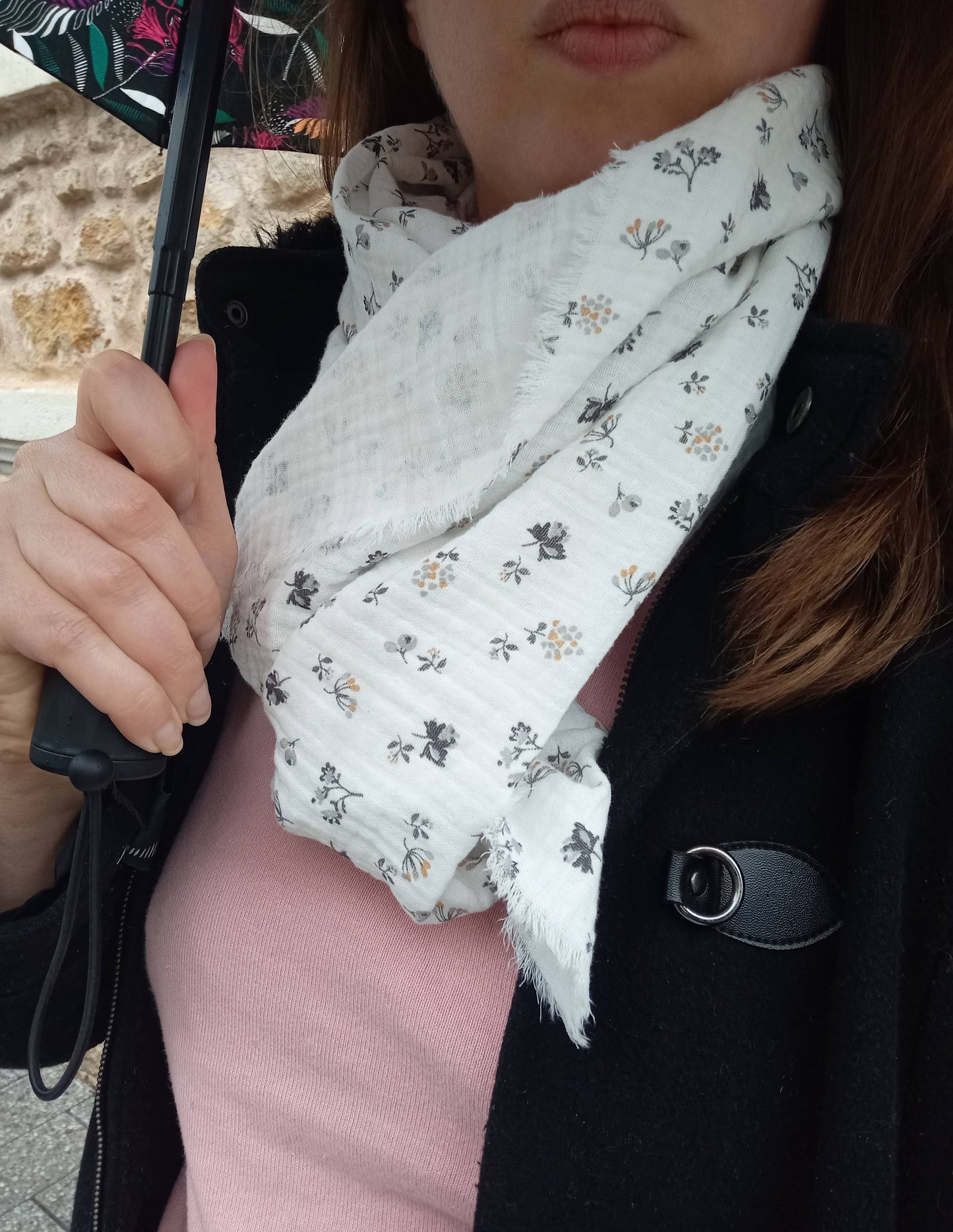 Foulard en Coton BIO, Blanc "Fleurs d'Automne", Existe en Écharpe | Made in France