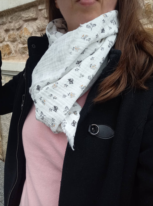 Foulard en Coton BIO, Blanc "Fleurs d'Automne", Existe en Écharpe | Made in France